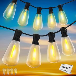 100+10FT LED Outdoor String Lights, Patio Deck Lights with 50+4 Shatterproof ST38 Edison Bulbs, Dimmable Warm White Waterproof Outside Hanging Lights Connectable for Backyard...