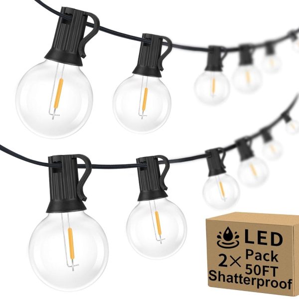 100ft 2-Pack Outdoor G40 LED Globe String Lights Dimmable Waterproof Shatterproof Light Strings with 52 Bulbs Connectable Commercial Hanging Lights for Christmas Patio House...