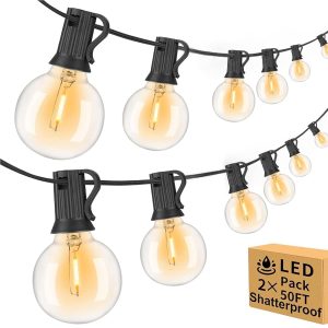 100ft Outdoor String Lights Waterproof/Connectable/Dimmable with 52 LED Shatterproof Bulbs,2-Pack 50ft UL Listed Globe G40 String Lights Outside Lighting for Patio Backyard Cafe...