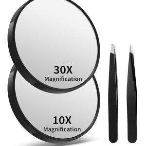 10X&30X Magnifying Mirrors with Suction Cups and 2 Tweezers Set，3.5 inches Magnified Makeup Mirror, Black, 2PCS