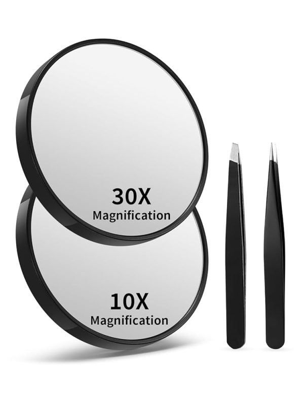 10X&30X Magnifying Mirrors with Suction Cups and 2 Tweezers Set，3.5 inches Magnified Makeup Mirror, Black, 2PCS