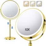 10X Large Lighted Makeup Mirror, Rechargeable 8" Height Adjustable Vanity Mirror, 1x/10x Magnifying Mirror with 3 Color, Brightness Adjustable, 360° Rotation Double Sided...