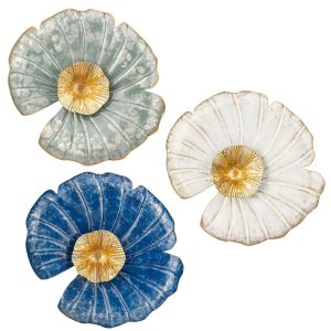 11.8" Metal Wall Decor Pack of 3, Floral Wall Art Decor Wall Sculptures Modern Accent, Wall Hanging Decorations for Home Office Dining Room Bedroom Living Room Blue Kitchen Wall...