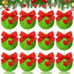 12 Pcs Green Furry Christmas Ball Ornaments Furry Elf Ornaments with Red Bow Cute Christmas Hanging Decorations Soft Faux Fur Pom Pom Ball Ornaments for Christmas Party Tree...