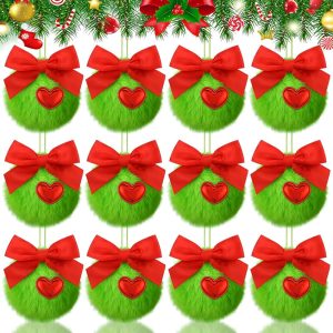 12 Pcs Green Furry Christmas Ball Ornaments Furry Elf Ornaments with Red Bow Cute Christmas Hanging Decorations Soft Faux Fur Pom Pom Ball Ornaments for Christmas Party Tree...