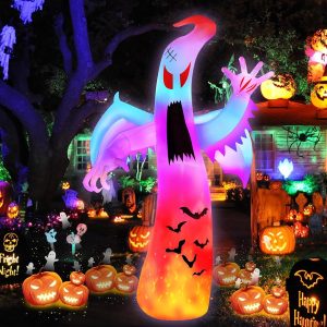 12FT Halloween Inflatables Giant Ghost with Wings Outdoor Decorations Colorful Flashing and Flame Lighting Blow Up Yard for Halloween Outdoor Yard Decorations, Garden, Lawn, Indoor