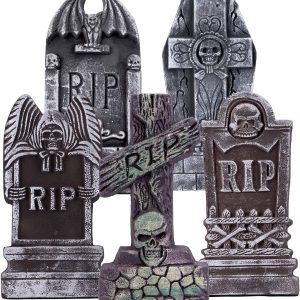 17” Halloween Foam RIP Graveyard Tombstones, 5 Pack Tombstone with 10 Metal Stakes for Halloween Decorations