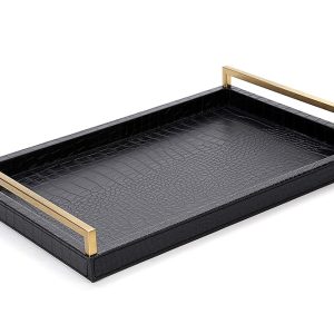 17.8X 11.8 Leather Ottoman Tray, Big Serving Tray with Brushed Gold Handles for Bars, Parties, Dinning, Decorative Tray for Modern Home Decor, Bathroom Vanity (Black)