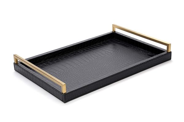 17.8X 11.8 Leather Ottoman Tray, Big Serving Tray with Brushed Gold Handles for Bars, Parties, Dinning, Decorative Tray for Modern Home Decor, Bathroom Vanity (Black)