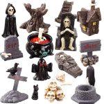 19pcs Halloween Mini Figurines Creative Miniature Skull Heads Crow Tombstone Scene Ornaments Set Halloween Horror Village Collections Resin Crafts for Halloween Party Favors...