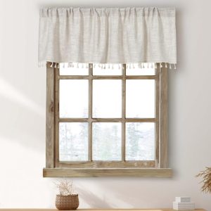 2 Pack Boho Tassel Kitchen Valances for Windows Modern Farmhouse Cotton Linen Valance Curtains Topper Country Rustic Bathroom Small Window Treatment Bohemian Decor (55x15 inch,...