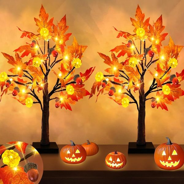 [ 2 Pack & Timer ] TURNMEON 22 Inch Prelit Fall Maple Tree Thanksgiving Decorations with 48 LEDs Battery Operated Lighted Pumpkins 12 Acorns Tabletop Artificial Fall Tree Fall...