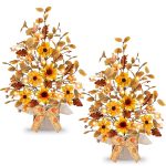 [ 2 Pack & Timer ] TURNMEON Fall Decor Tabletop Fall Tree with 20 LED Battery Operated Eucalyptus Maple Tree Burlap Bowknot Sunflowers Berry Fall Decorations for Home...