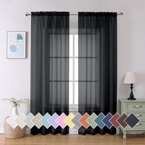 2 Panels Solid Color Semi Transparent Sheer 84" Length Window Curtains, Elegant Voile Panels/Draperies/Treatment for Bedroom Living Room Black, 2 Panels=80" W