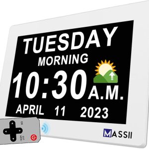 【2024 New】 Digital Clock with Date and Week for Seniors, 19 Alarms Custom Reminders, Non-Abbreviated Calendar Clock for Dementia, Auto DST, Auto Dimming, Loud Alarms, Memory...