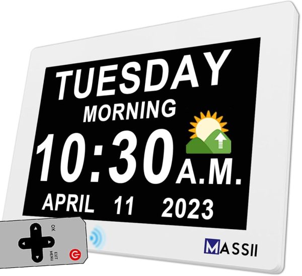 【2024 New】 Digital Clock with Date and Week for Seniors, 19 Alarms Custom Reminders, Non-Abbreviated Calendar Clock for Dementia, Auto DST, Auto Dimming, Loud Alarms, Memory...