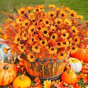 24 Bundles Artificial Fall Flowers Outdoor UV Resistant Fake Autumn Plants No Fade Faux Fall Plants Arrangements for Farmhouse Garden Porch Window Box Thanksgiving Home Decor