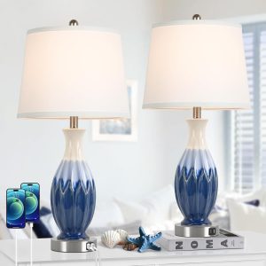 28” Tall Table Lamps Set of 2, Ceramic Bedside Lamps with USB Ports, Navy Blue Lamps for Nightstand, Coastal Lamp with White Fabric Shade, Table Lamp for Living Room, Large...