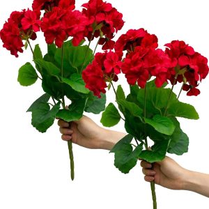 2PCS 18'' Artificial Geraniums Silk Flowers Plants Home Outdoor Decor Garden Ruby Red