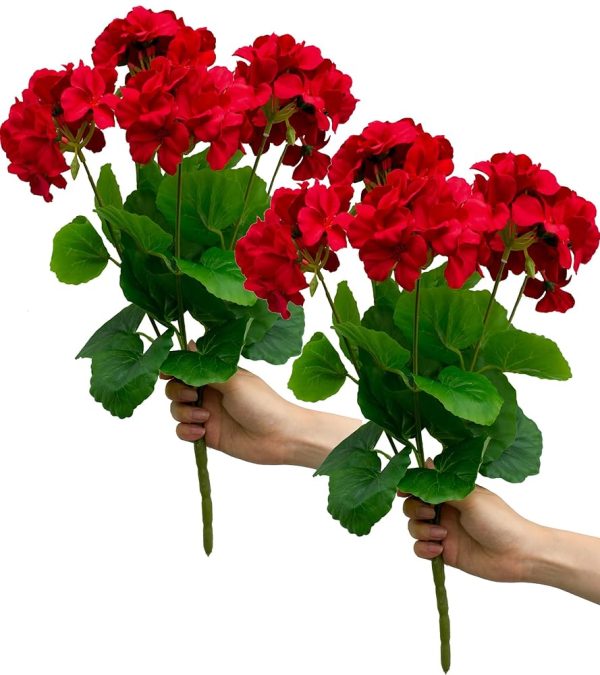 2PCS 18'' Artificial Geraniums Silk Flowers Plants Home Outdoor Decor Garden Ruby Red