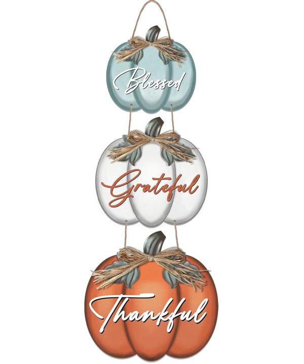 3 Pieces Pumpkin Decor Grateful Thankful Blessed Wall Signs,Rustic Hanging Welcome Door Sign for Autumn Harvest Thanksgiving Halloween Door Wall Decoration Indoor Outdoor Fall...