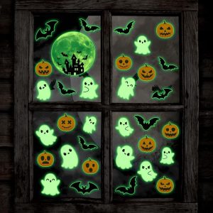 3 Sheets Glow in The Dark Halloween Window Clings Luminous Halloween Window Stickers Removable Pumpkin Ghost Wall Decor Glowing Window Clings for Scary Halloween Theme Party...