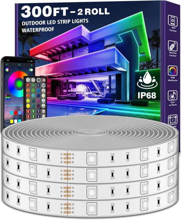 300ft Waterproof LED Strip Lights with Bluetooth App, RGB Exterior Rope Lights for Balcony, Deck, Roof, Pool - IP68, Self-Adhesive, Music Sync