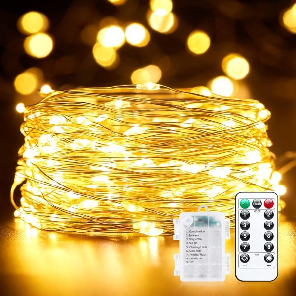 33Ft 100 LED Outdoor String Lights, Warm White Fairy Lights Battery Operated with Remote, Waterproof Twinkle Lights for Bedroom Dorm Patio Tapestry Backyard Garden Party Indoor...