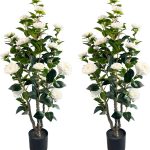 3.4ft Artificial Camellia Tree | White Flowers & Green Leaves | Indoor Outdoor Decor, No Maintenance (2 Pack - White)