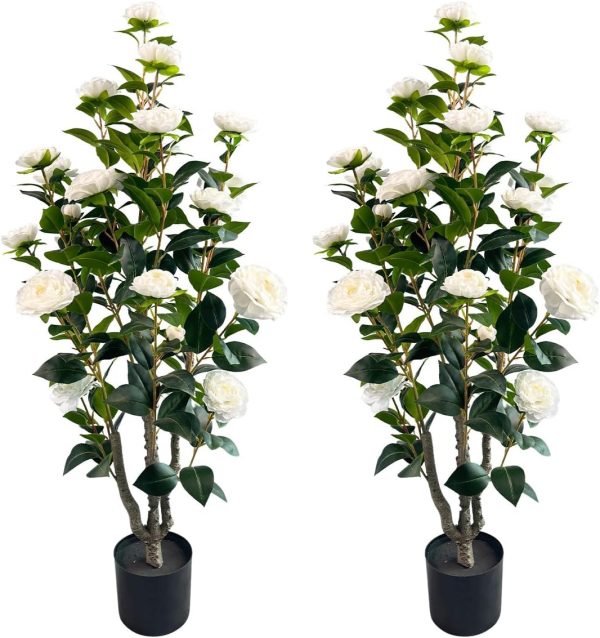 3.4ft Artificial Camellia Tree | White Flowers & Green Leaves | Indoor Outdoor Decor, No Maintenance (2 Pack - White)