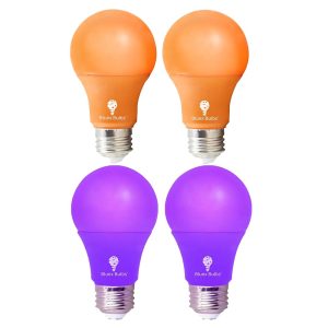 4 Pack A19 LED Purple Light Bulb LED Orange Light Bulb 120V E26 Base 9 Watt (60-watt Replacement) Purple Bulb Orange Bulb, Party Decoration, Porch, Home Lighting, Halloween...