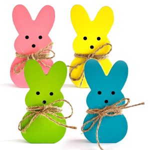 4 Pack Easter Day Bunny Peeps Table Decorations - 4.6x2.4 Inches Cute Wooden Rabbit Tiered Tray & Tabletop Centerpieces, Rustic Farmhouse Sign Basket Gifts Decor