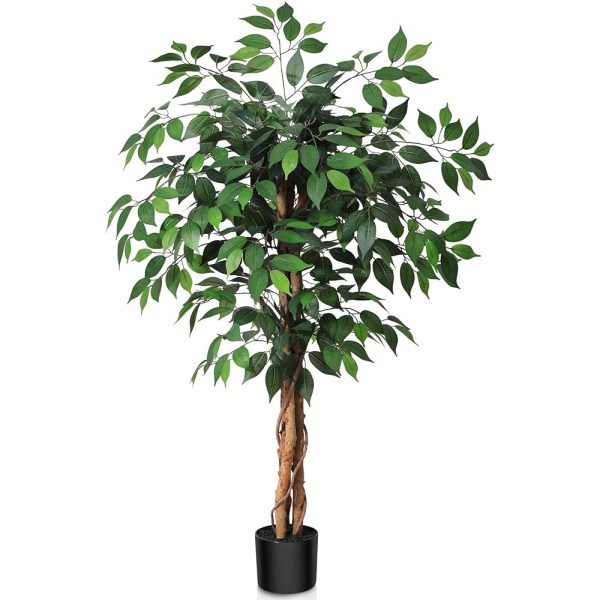 4ft Artificial Ficus Tree with Natural Wood Trunk, Silk Fake Ficus Tree in Plastic Nursery Pot, Faux Plant for Office Home, Indoor Outdoor Decor, 1 Pack