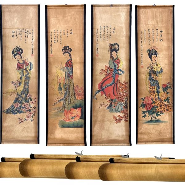 4Pack Wall Scroll Hanging Painting for Room Decor, Ancient Chinese Painting Reproduction Large Beauty