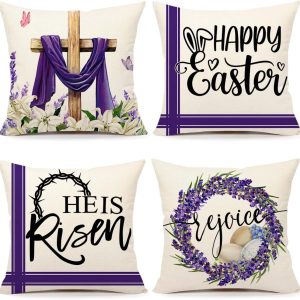 4TH Emotion Easter Throw Pillow Covers 18 x 18 Inch Set of 4, He is Risen Spring Farmhouse Holiday Purple Cushion Case for Home Sofa Couch Decoration TH177