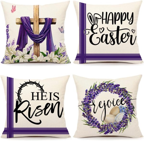 4TH Emotion Easter Throw Pillow Covers 18 x 18 Inch Set of 4, He is Risen Spring Farmhouse Holiday Purple Cushion Case for Home Sofa Couch Decoration TH177