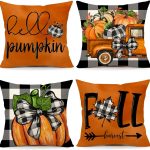 4TH Emotion Fall Pillow Covers 18x18 Set of 4 Thanksgiving Buffalo Check Farmhouse Decorations Orange Pumpkin Outdoor Autumn Farm Truck Pillows Decorative Throw Cushion Case for...