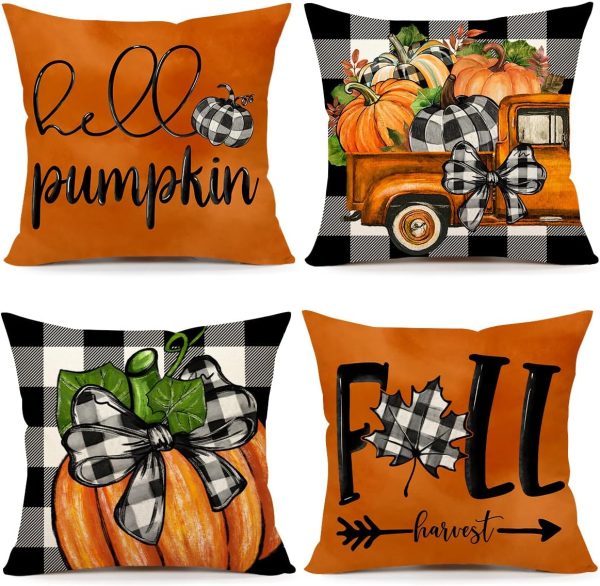 4TH Emotion Fall Pillow Covers 18x18 Set of 4 Thanksgiving Buffalo Check Farmhouse Decorations Orange Pumpkin Outdoor Autumn Farm Truck Pillows Decorative Throw Cushion Case for...