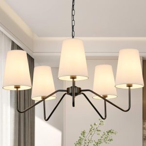 5-Light 30” Modern Chandelier with White Shades, Classic Pendant Ceiling Light Fixture for Dining Room, Black Chandelier with E12 Base Hanging Lamp for Living Room Hallway...