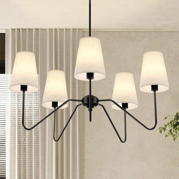 5-Light Modern Chandeliers, Pendant Lights Fixture with Linen Beige Fabric Shade for Living Room Dining Room Bedroom Hallway Entryway, Height Adjustable