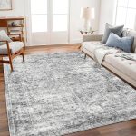 5x7 Washable Area Rug Gray Vintage Rug Traditional Floor Cover Foldable Thin Rug Kitchen Accent Rug Indoor Distressed Non Slip Carpet Floral Print Mat Bedroom Living Room Bathroom