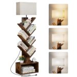 6 Tier Tree Bookshelf with Light, Small Bookcase Tower for Books/CDs/Movies, Tall Floor Standing Book Organizer with Storage Cabinet for Living Room, Bedroom & Home Office,...