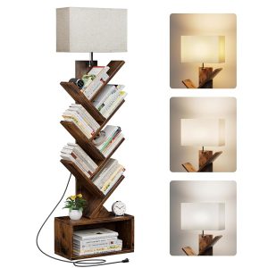 6 Tier Tree Bookshelf with Light, Small Bookcase Tower for Books/CDs/Movies, Tall Floor Standing Book Organizer with Storage Cabinet for Living Room, Bedroom & Home Office,...