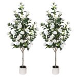 63”Artificial Camellia Tree with White Flower Pots -2 Pack White Fake Flower Plants,Faux Floral Tree wich Blooming Flowers in Pot,Artificial Plants for Home Front Door Decor...