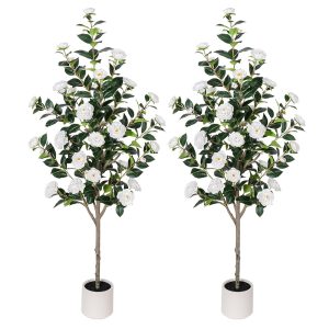 63”Artificial Camellia Tree with White Flower Pots -2 Pack White Fake Flower Plants,Faux Floral Tree wich Blooming Flowers in Pot,Artificial Plants for Home Front Door Decor...