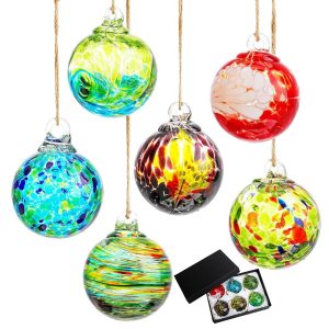 6pcs Hand-Blown Glass Ornaments Balls Glass Christmas Ball Ornaments Hanging Friendship Balls Glass Witches Balls Gazing Balls for Home Window Outdoor Garden Patio Décor