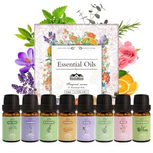 8 Pack Organic Aromatherapy Essential Oil Set, Pure Essential Oil Kit for Diffusers for Home, Peppermint, Lavender, Eucalyptus, Tea Tree,Rose, Rosemary, Clove & Orange Fragrance...