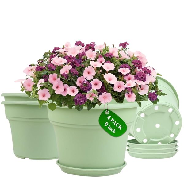 9 Inch Plastic-Flower Pot-for-Indoor Plants, 4 Pack Large Outdoor Planter Pot with Drainage Holes & Saucers, Resin Decorative Garden Pots Planters