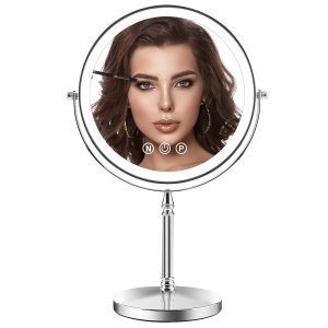 9" Large Lighted Makeup Mirror, 1X/10X Magnifying Makeup Mirror with 3 Colors Dimmable Lightning, 80 LED Lights, 360°Rotation Double Sided Standing Vanity Mirror