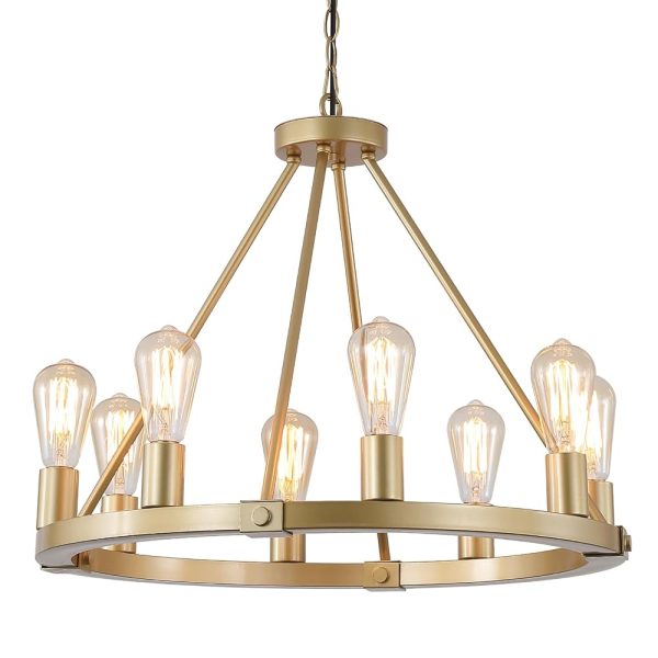 9MMML 23.6“ 8 Lights Golden Wagon Wheel Chandelier, Large Luxury Kitchen Island Pendant Light for Living Dining Room Foyer Entryway,Height Adjustable,E26.